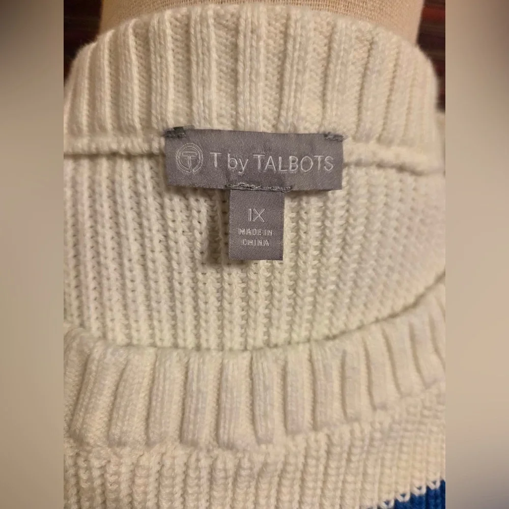 Talbots White Crewneck Sweater with Blue and Lime Stripes - Picture 2 of 8
